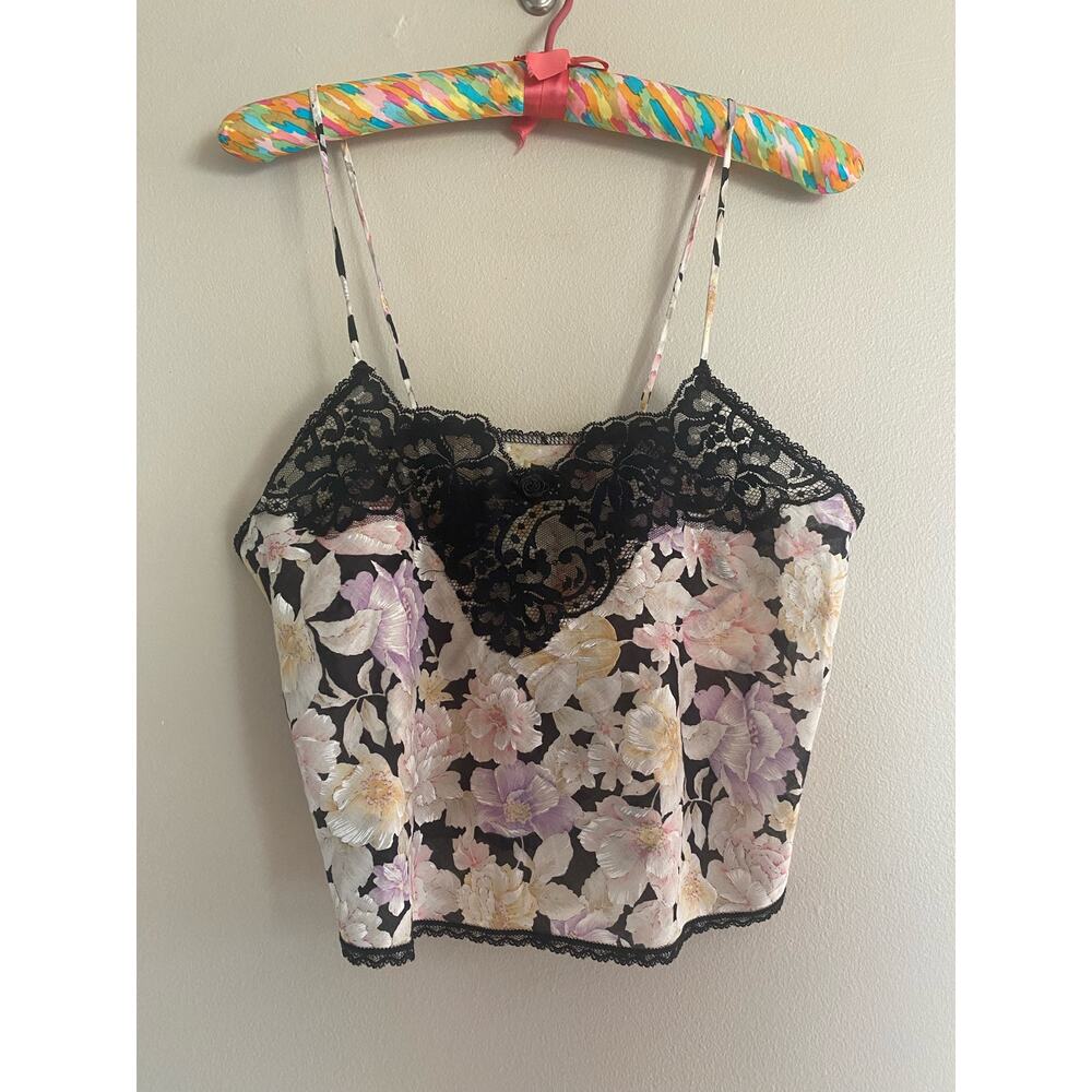 Vintage Cotton Floral Black Lace Rosette Cami Tank Top size 34 S/M Lucie Ann II